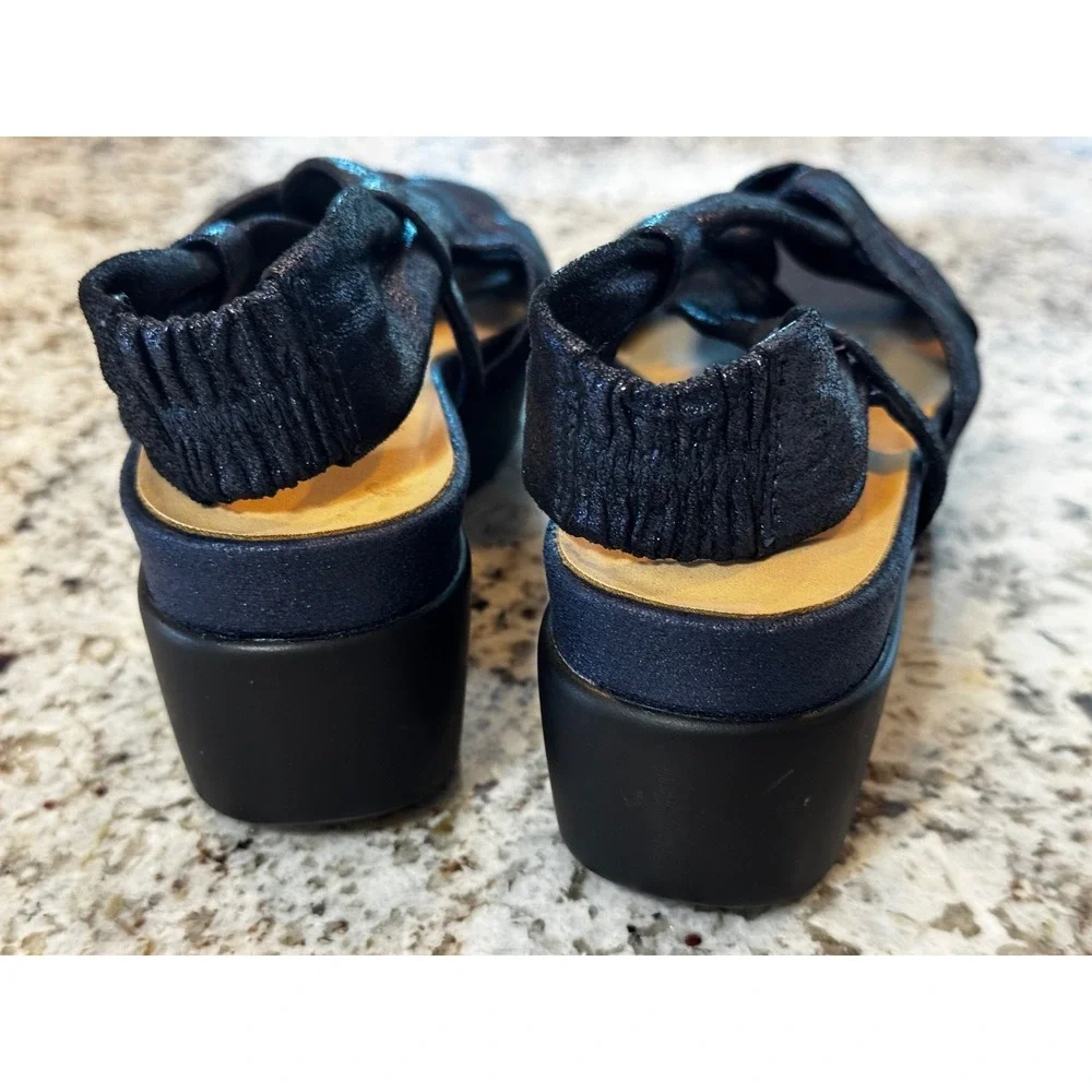 Naked Feet Navy Blue Metallic Knot Platform Wedge Slingback Sandals